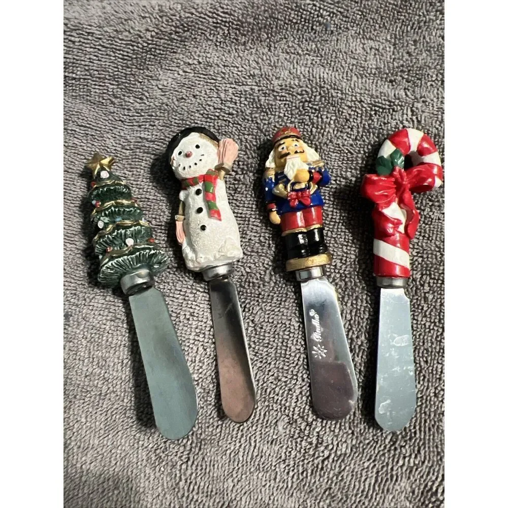 (4) Christmas Cheese Spreaders Stainless Steel Knives Boston Warehouse Radko‎